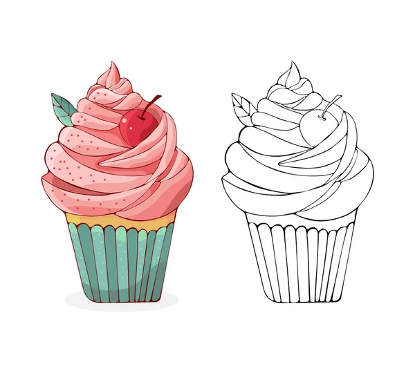 Definir bolos de desenhos animados no vetor. Sobremesa desenhada à mão em estilo vintage. Bolo de touca com creme e cereja. Comida doce isolada no fundo branco. Ilustração da arte linha preta e versão colorida . — Vetor de Stock