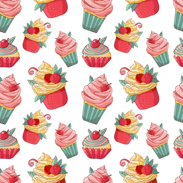 Seamless pattern cartoon cakes in vector. Hand drawn dessert in vintage style. Cap cake with cream and cherry. Sweet food isolated on white background. Color illustration. Design for the menu. — Stock Vector