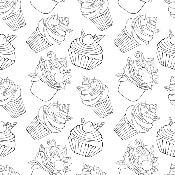 Naadloos dessertpatroon in vector. Achtergrond van de taart hand getrokken. Illustratie van zoete gebakjes voor Valentijnsdag, verjaardag. Zwarte lijn kunst op een witte achtergrond. — Stockvector