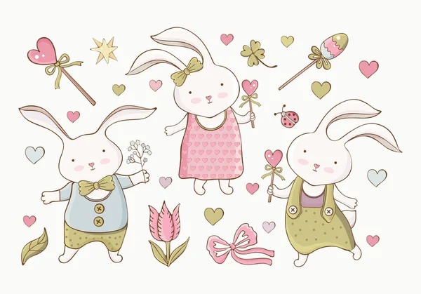 Paskalya için vektör belirlendi. çizgi film Paskalya tavşanları ve farklı öğeler. Küçük tavşan oğlan ve kız. Klasik el yapımı. Kawaii komik hayvan. Hassas pastel renklerde çocukların çizimi. Yavru hayvanlar.