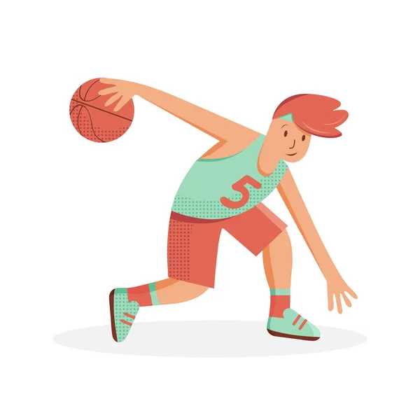 Šťastný basketbalista v uniformě hraje s basketbalovým míčem Mladý sportovec hraje sportovní hru. Kreslená vektorová ilustrace. Sport a zdravý životní styl. Plochý styl. — Stockový vektor