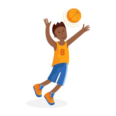 Top oynayan erkek basketbolcu. Küçük çocuk basketbol oynuyor. Düz vektörle renkli karikatür çizimi. Çocuk sporu. Spor takımı oyunları. Sağlıklı Yaşam Tarzı.