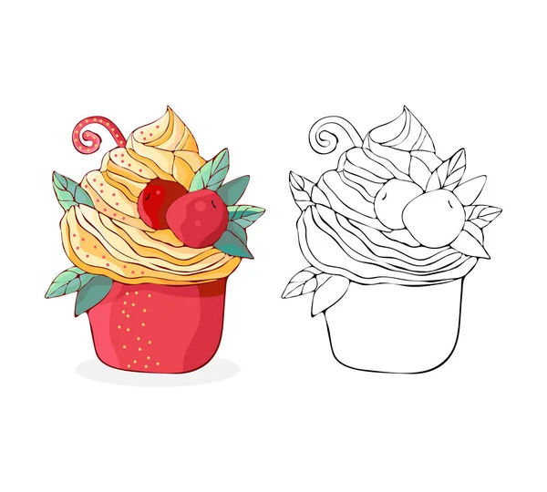 Set cartoon cakes in vector. Hand drawn dessert in vintage style. Cap cake with cream and cherry. Sweet food isolated on white background. Illustration of black line art and colored version. — Stock Vector