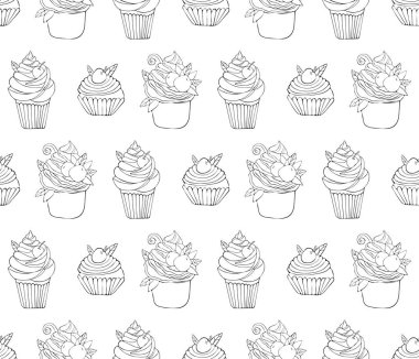 Vektör olarak kusursuz bir tatlı şekli. Pastanın arka planı çizilmiş. Sevgililer günü ve doğum günü için tatlı hamur işleri. Beyaz arkaplanda siyah çizgi sanatı.