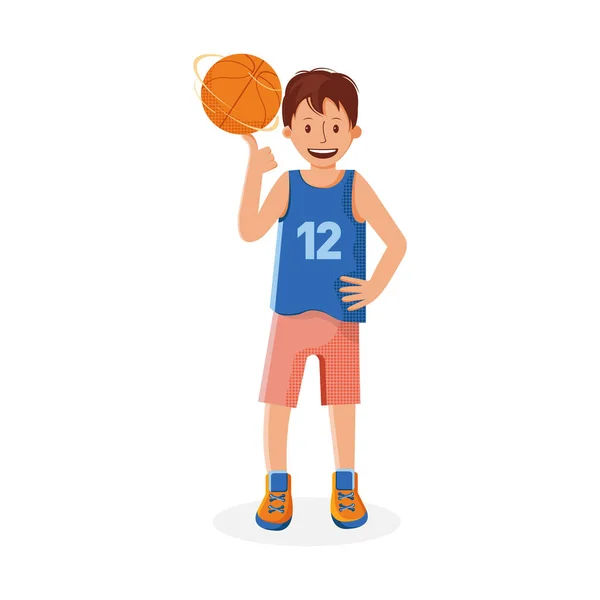 Niño jugador de baloncesto con la pelota. Un niño pequeño juega baloncesto. Colorida ilustración de dibujos animados en vector plano. Deporte infantil. Juegos de equipo deportivo. Estilo de vida saludable . — Vector de stock