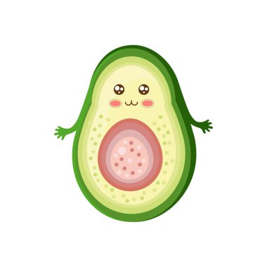 Komik, mutlu, gülümseyen avokado. Vektör düzlüğü. Beyaz arka planda izole edilmiş. Sağlıklı yaşam tarzı kavramı. Sevimli egzotik meyve. Kawaii çizgi film karakteri.