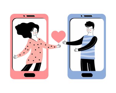 Sanal ilişkiler, online randevu ve sosyal ağ konsepti. Kadın ve erkek internette sohbet ediyorlar. Mobil Randevu uygulaması üzerinden romantik mesajlar. Aşk mesajı. Sevgililer Günü.