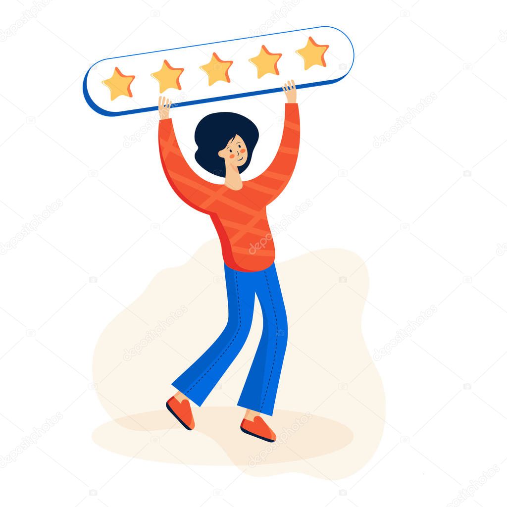 Customer feedback, client review. Social media networks, online service evaluation. Rank and rating scale, high-ranking, top-ranking concept. User cartoon characters.Vector illustration.