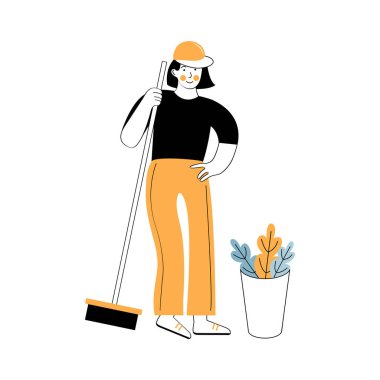 Elinde süpürge olan genç bir kadın sokaktaki çöpleri temizliyor. Bir gönüllü kuru yaprakları çıkarmaya yardım eder. Gönüllü, çöp, eko, çevre, temiz konsept. Temizlikçi. Vektör illüstrasyonu.