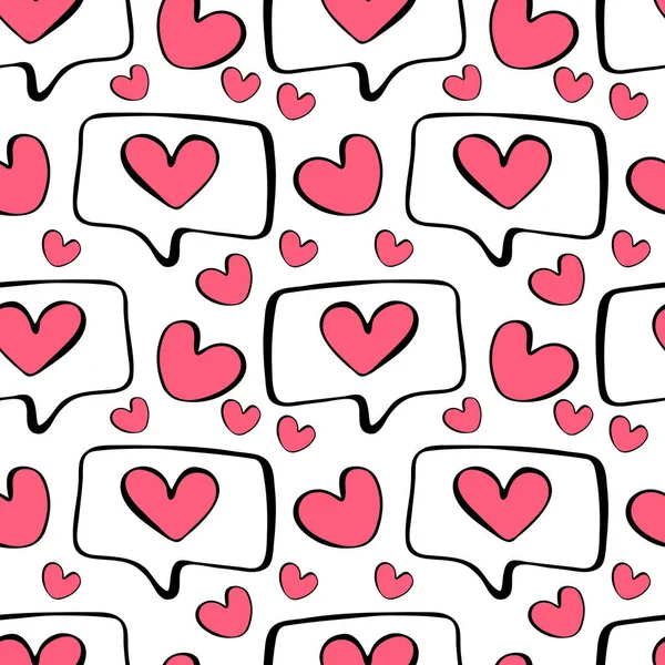 Seamless pattern of the love messages in the simple text boxes and a pink heart. Happy modern scene of the love sharing. Love emotions. Declaration of love. background for Valentine s day.