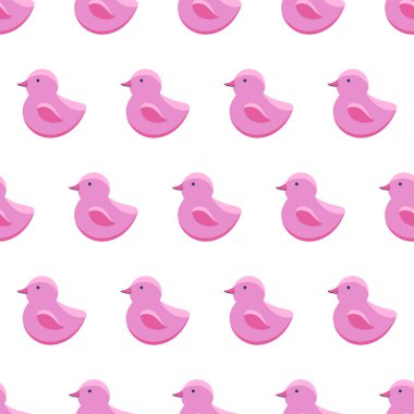Kusursuz desenli kauçuk pembe ördek. Düz stil banyo oyuncağı beyaz arka planda izole edilmiş. Vektör olarak çocukların geçmişi. Şirin bebek banyo oyuncağı. Hildren 'in oyuncakları. Tekstil, ambalaj, kumaş için,