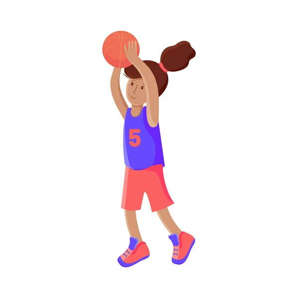 Jugadora de baloncesto con la pelota. El niño juega baloncesto. Colorida ilustración de dibujos animados en vector plano. Deporte infantil. Juegos de equipo deportivo. Un estilo de vida saludable. Juegos con la pelota . — Vector de stock