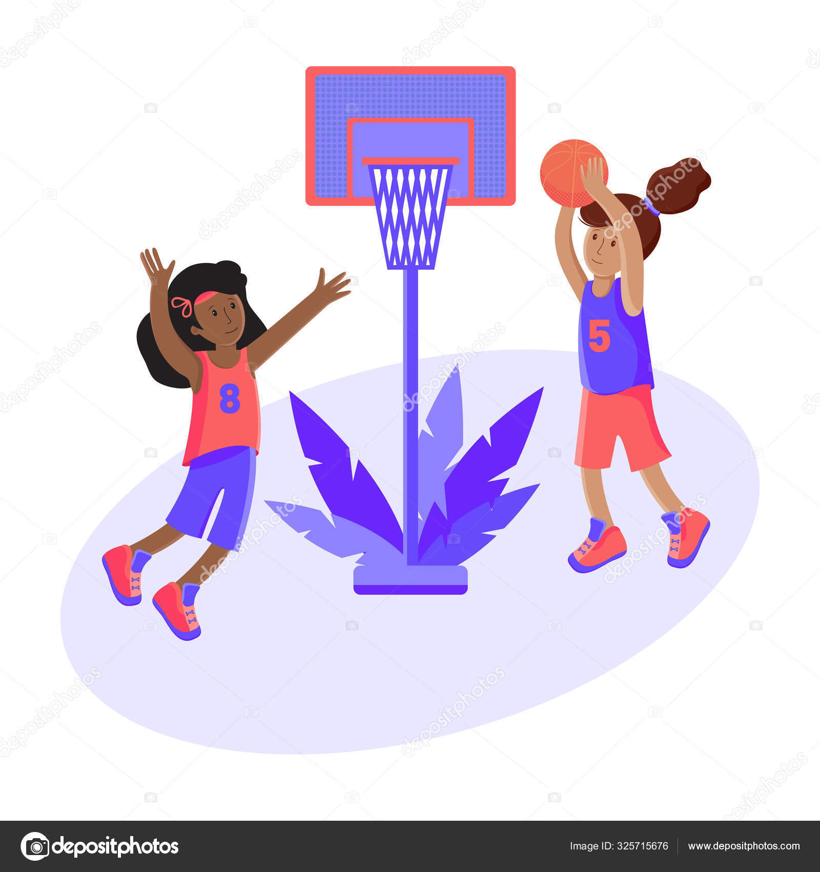 Girls play basketball with a ball. Colorful cartoon illustration