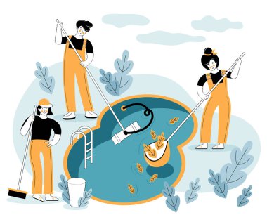 Ağ temizleme suyu olan yüzme havuzu işçisi. Havuz ve açık hava temizliği, yüzme havuzu servisi. Temizlik şirketi. Afişler için temizlik hizmeti konsepti tasarımı, bilgi grafiği.