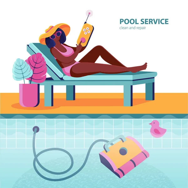 Woman sits on a sun lounger and controls a robot that cleans the bottom of the pool of dirt. Domestic robot cleaning the swimming pool. Woman rests by the pool. Cleaning and service — Stock Vector