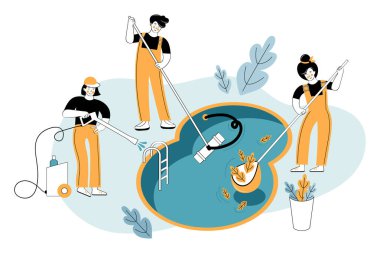 Ağ temizleme suyu olan yüzme havuzu işçisi. Havuz ve açık hava temizliği, yüzme havuzu servisi. Temizlik şirketi. Afişler için temizlik hizmeti konsepti tasarımı, bilgi grafiği.