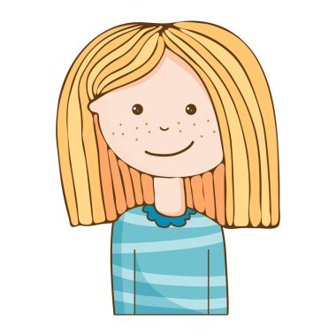 Beyaz arka planda izole edilmiş komik kız gülümseme vektörü. Şirin küçük Kai kızı. Kadın karakter. Elle çizilmiş kadın avatar. Renkli sanat illüstrasyonu. Mutlu çocuk. Çocuk karakterler.