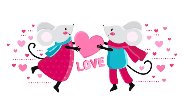 Щасливий день Валентина мила листівка або плакат. Дві милі миші дарують один одному рожеве серце. Весела тварина бажає щасливого дня Валентина. Романтична декларація про кохання. мультяшна романтична ілюстрація — стоковий вектор