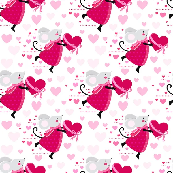 Patrón sin costuras para el día de San Valentín. Ratón divertido sosteniendo el corazón rosa sobre fondo blanco. Fondo romántico con corazones rosados. Lindo estilo kawaii para papel de decoración navideña, textil. Caricatura — Archivo Imágenes Vectoriales