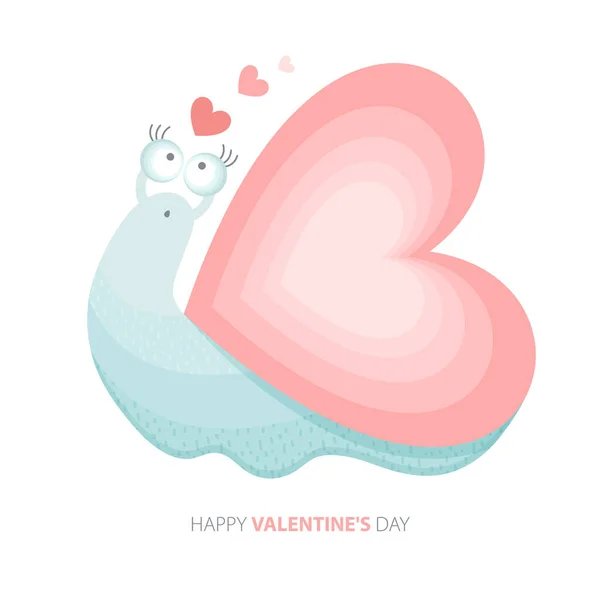 Vicces rajzfilmcsiga, szív alakú házzal. Egy aranyos állat rózsaszín szívvel. Boldog Valentin napot. Üdvözlőlap vagy banner Valentin napra. Vidám kis csiga a vektorban. Szerelem. — Stock Vector