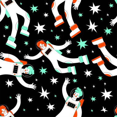 Uzayın temasında kusursuz desen. Uzayda astronotlar. Bir erkek ve bir kadın yıldızların arasında uçuyor. Romantik evren. Moda renklerinde arka plan mavi, Aqua Menthe, siyah. Düz vektör