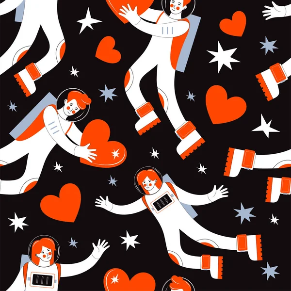 Kusursuz uzay deseni. Yıldızlar arasında uzaydaki astronotlar. Bir erkek bir kadına kırmızı bir kalp verir. Sevgililer Günü dekorasyonu için arka plan. Trend renkleri gür lavlar ve en mavi maviler.
