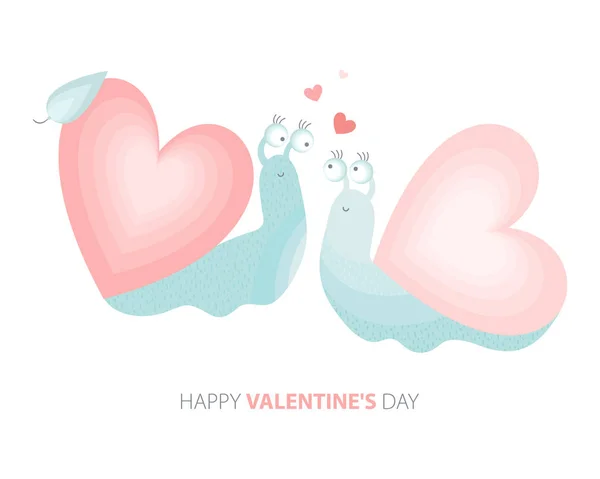 Boldog Valentin napot. Vicces rajzfilmcsiga, szív alakú házzal. Egy aranyos állat rózsaszín szívvel. Üdvözlőlap vagy banner Valentin napra. Szerető pár. Csigák szerelmesek — Stock Vector
