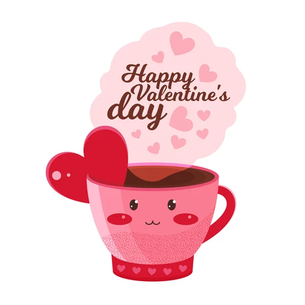 Aranyos rózsaszín bögre forró csokoládé, kávé vagy kakaó a szöveggel boldog Valentin napot. Vicces rajzfilmfigura. Banner vagy üdvözlőlap Valentin napra. Kawaii tea csésze piros szív egy vektor — Stock Vector
