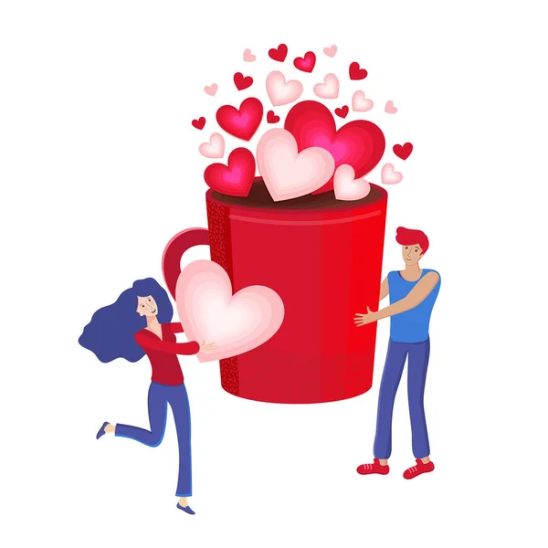 Ευτυχισμένη ημέρα του Αγίου Βαλεντίνου. Νεαρός και γυναίκα φτιάχνουν καφέ μαζί. Κόκκινη κούπα με ζεστή σοκολάτα ή κακάο με ροζ καρδιές. Μια γυναίκα κρατάει μια καρδιά στα χέρια της. Διανυσματική επίπεδη απεικόνιση. Ρομαντικό και αγάπη. — Διανυσματικό Αρχείο