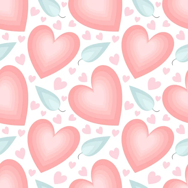 Patrón sin costuras en el día de San Valentín sobre fondo blanco. Fondo de corazones rosados grandes y pequeños. Concepto romántico para la decoración, vacaciones, bodas, San Valentín. Para el diseño festivo — Vector de stock