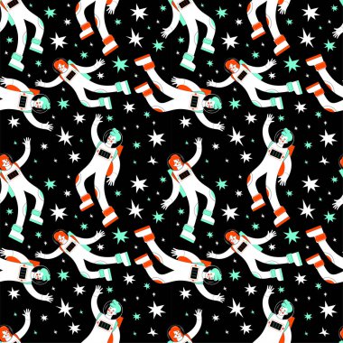 Uzayın temasında kusursuz desen. Uzayda astronotlar. Bir erkek ve bir kadın yıldızların arasında uçuyor. Romantik evren. Moda renklerinde arka plan mavi, Aqua Menthe, siyah. Düz vektör