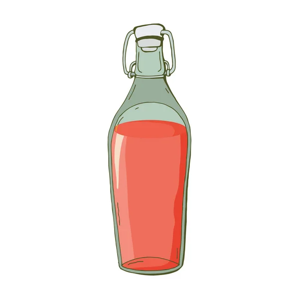 Γυάλινο μπουκάλι με ένα ροζ ποτό στο διάνυσμα. Φρούτα ή μούρο. Σπιτικά παρασκευάσματα φρούτων και μούρων. Μεμονωμένο αντικείμενο σε λευκό φόντο — Διανυσματικό Αρχείο