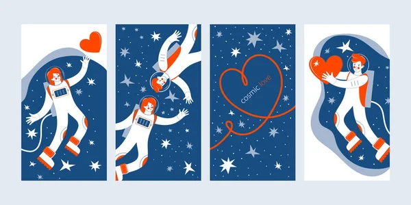 Векторний набір екранів для мобільних додатків. Вертикальні прапори для веб-сайтів та соціальних мереж на День святого Валентина. Астронавти літають у космосі серед зірок. Чоловік дарує жінці червоне серце. — стоковий вектор