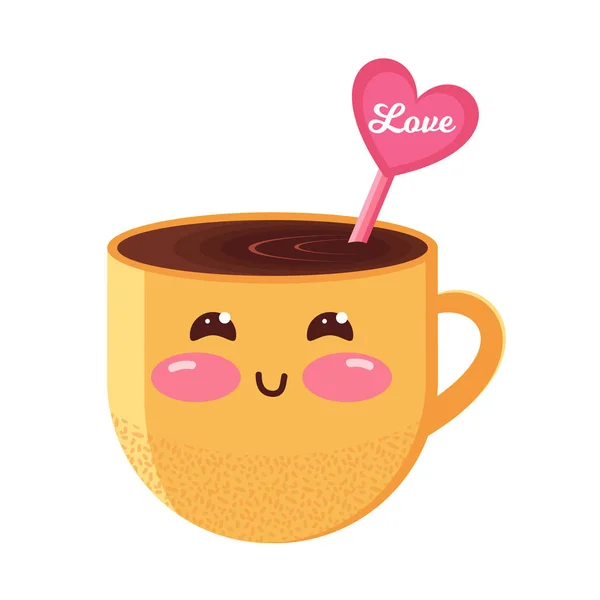 Taza amarilla divertida de chocolate caliente, café o cacao con un corazón rosado. Personaje de dibujos animados Kawaii. Bonita copa con una bebida dulce. Objeto vectorial aislado sobre un fondo blanco. Estilo plano — Archivo Imágenes Vectoriales