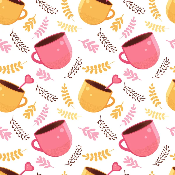 Seamless pattern of yellow and pink color with a mug of hot chocolate, cocoa or coffee with a spoon in the shape of a heart. Warming winter drink in the vector. Background for textile, paper, fabric. — Stock Vector