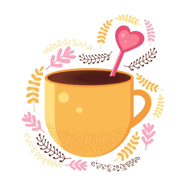 Yellow mug with hot chocolate or coffee with a pink spoon in the shape of a heart. Warming winter drink in vector. Cute cartoon illustration for Valentine s day. Isolated object on a white background. — Stock Vector