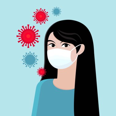 Çin 'de Coronavirus. Roman Coronavirus 2019-Ncov. Mavi arka plan ve virüs moleküllerinde koruyucu bir tıbbi maske takan Asyalı kadın. Mers-Cov. Koronavirüs karantinası kavramı.