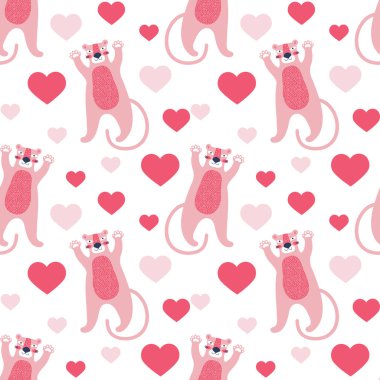 Kusursuz desenli kalpler arasında şirin pembe panter. Sevgililer günü ya da doğum günü için arka plan. Aşk ilanı. Eğlenceli bir çocuk tarzında vektör çizimi. Bir vektör içinde vahşi hayvanlar. Büyük kedi.