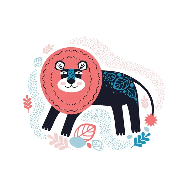 Cute hand drawn lion and tropic plants. Funny cartoon animal. Character is a wild cat. Africa, safari. Ilustration, poster, baby wear. Scandinavian style flat design. Concept for children print — 스톡 벡터