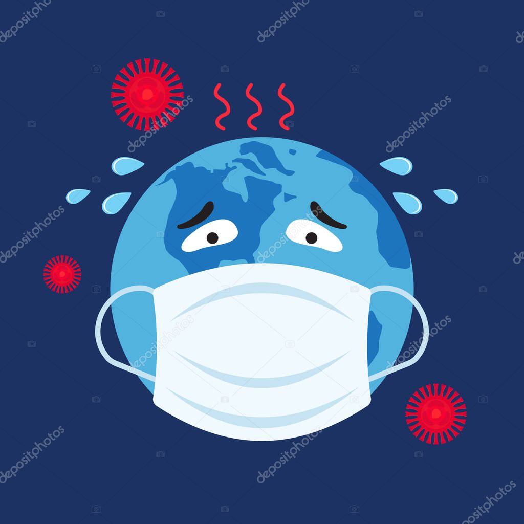 Globe is infected with a disease. World is sick. Concept of the spread of coronavirus 2019-nCoV. MERS-CoV, Middle East respiratory syndrome coronavirus. Vector illustration in flat style