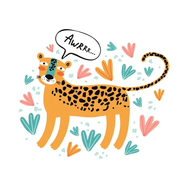 El personaje es un lindo leopardo en los trópicos. Ilustración vectorial plana. Gran gato salvaje. Gracioso animal. Diseño, para imprimir en tela, ropa, papel de embalaje, ropa de cama, impresión, tarjetas. Fondo de bebé . — Vector de stock