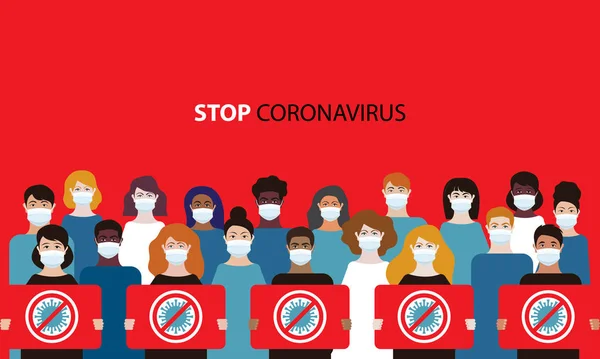 Coronavirus. Nouveau coronavirus 2019-nCoV en Chine. Les gens en masque médical blanc avec un stop sur fond rouge. Quarantaine virale. Cov-SRMO. Syndrome respiratoire oriental. Illustration vectorielle plate — Image vectorielle
