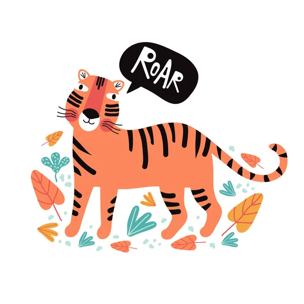 Gracioso tigre en hojas tropicales. Ilustración vectorial plana. Animales exóticos salvajes. Lindo animal de dibujos animados idea de carácter para material para niños imprimible y camiseta, tarjeta de felicitación, guardería arte de la pared. Dibujado a mano . — Archivo Imágenes Vectoriales