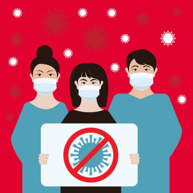 Çin 'de Coronavirus. Roman Coronavirus 2019-Ncov. Beyaz tıbbi maskeli ve dur işaretli insanlar. Koronavirüs karantina vektör çizimi kavramı. Mers-Cov Orta Doğu Solunum Sendromu.