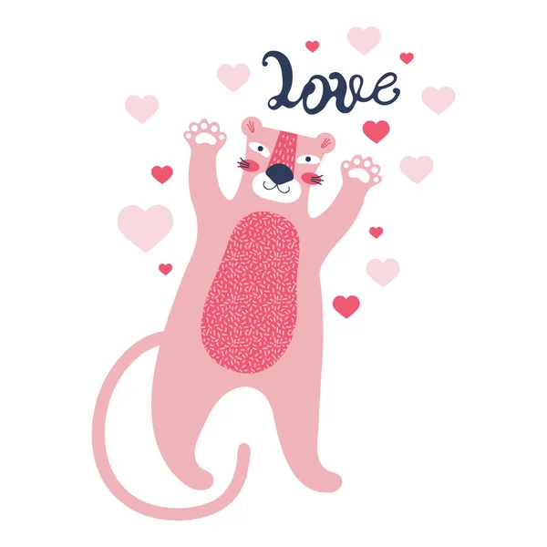 心の中でかわいいピンクのパンサー。バレンタインデーや誕生日のカードやバナー。愛の宣言。楽しい子供のスタイルでベクトルイラスト。ベクトル内の野生動物大きな猫 — ストックベクタ