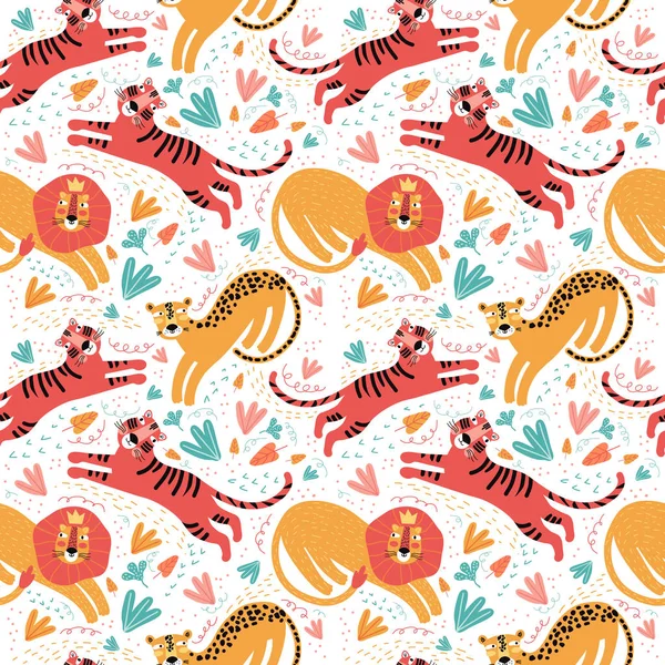 Sömlös mönster vilda djur och tropiska växter. Rolig tecknad karaktär tiger, leopard, Jaguar, lejon. Bakgrund söta vilda katter i djungeln och safari. Skandinavisk platt design. Utskrift av barn — Stock vektor