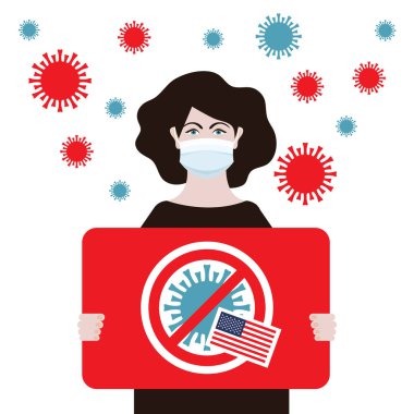 Çin 'de Coronavirus. Roman Coronavirus 2019-Ncov. Beyaz tıbbi maskeli, dur işaretli bir kadın. Koronavirüs karantina vektör çizimi kavramı. Mers-Cov Orta Doğu Solunum Sendromu.