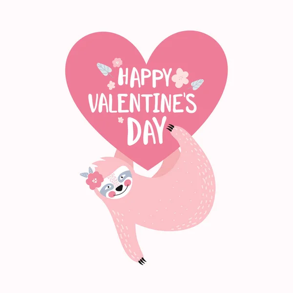 Милий рожевий лінивець висить або тримає велике рожеве серце з текстом щасливий день Валентина. Вітальна картка, банер або постер для Дня святого Валентина. Дивна екзотична тварина. Приклад вектора — стоковий вектор