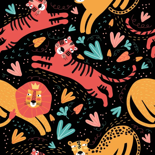 Patrón sin costuras animales salvajes y plantas tropicales. Gracioso personaje de dibujos animados tigre, leopardo, Jaguar, león. Fondo lindos gatos salvajes en la selva y safari. Diseño plano de estilo escandinavo. Niños imprimir — Vector de stock