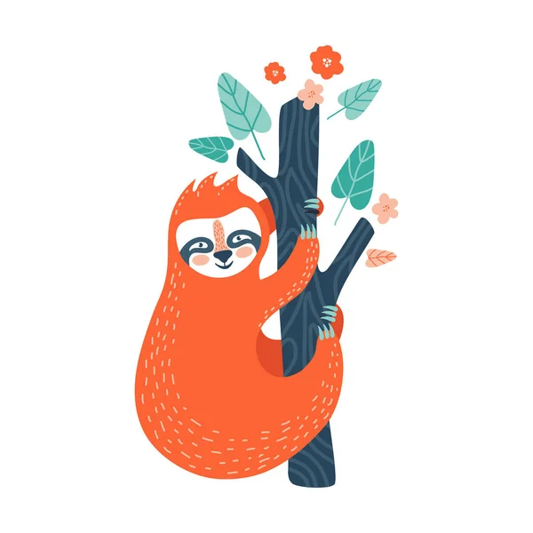 Linda caricatura perezoso perezoso en el árbol. Adorable personaje de pereza bebé dibujado a mano colgando en el árbol. Ilustración para diseño de camiseta, póster, saludo, tarjeta de cumpleaños, pegatina . — Vector de stock